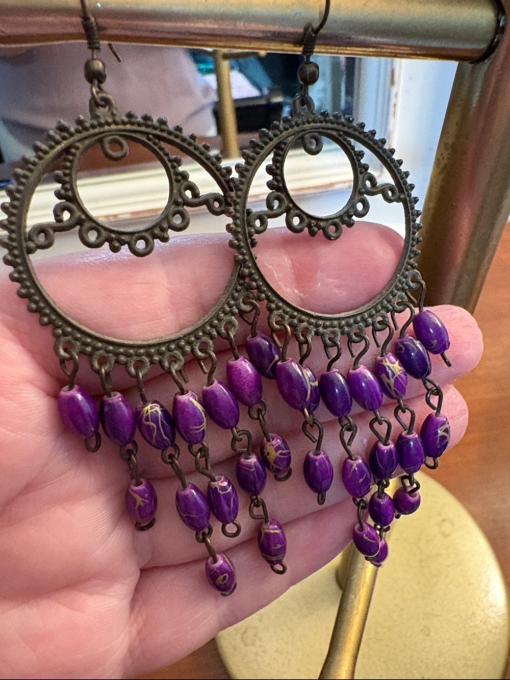 Black Filigree Chandelier Earrings with Purple Beads